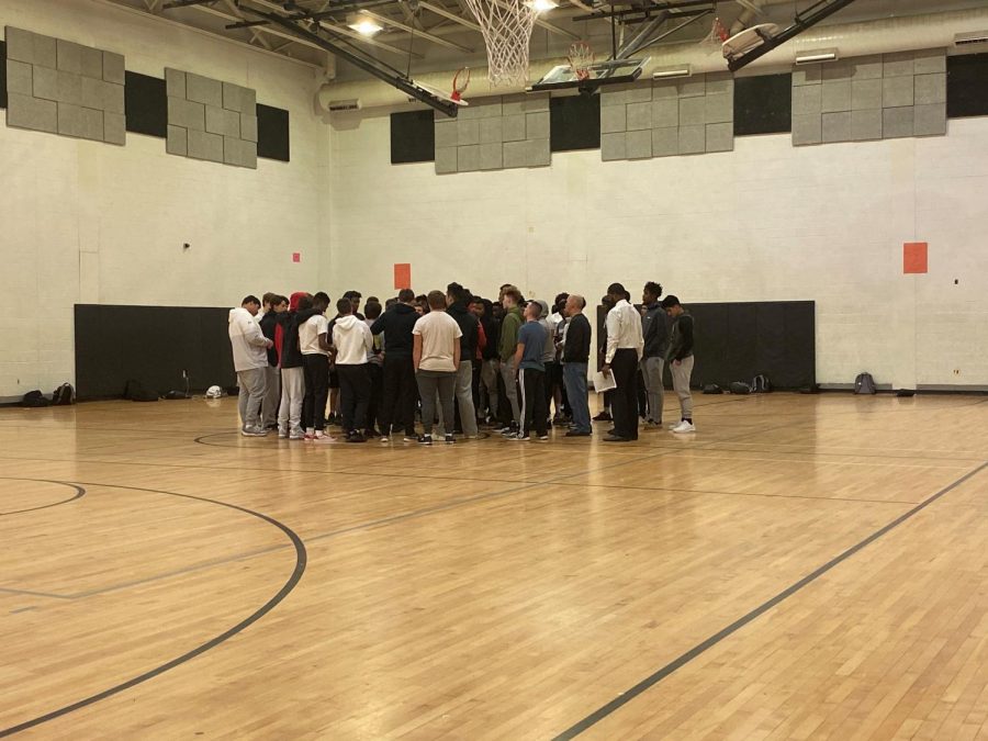 Northwest High School varsity football team meets in the gym before leaving for the Maryland 4A State Championship game in annapolis 